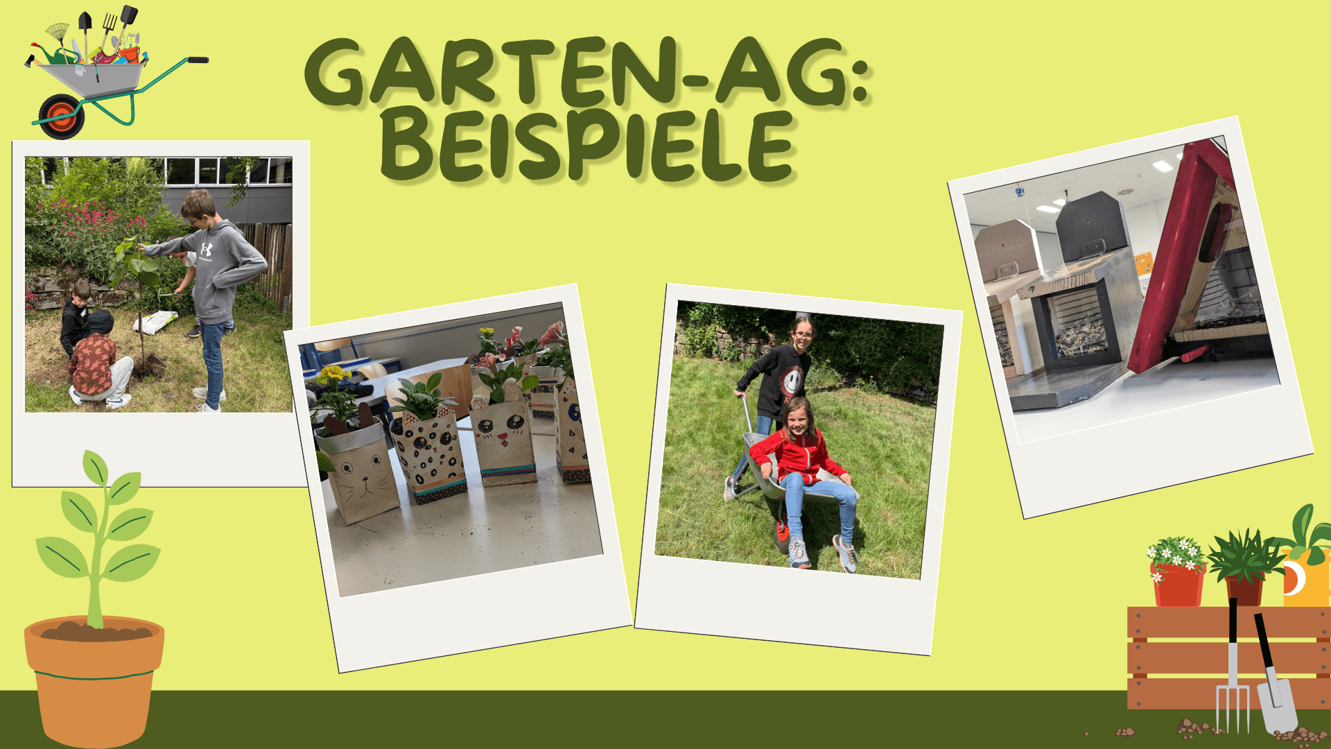 a collage of pictures with the words " garten-ag beispiele " on top