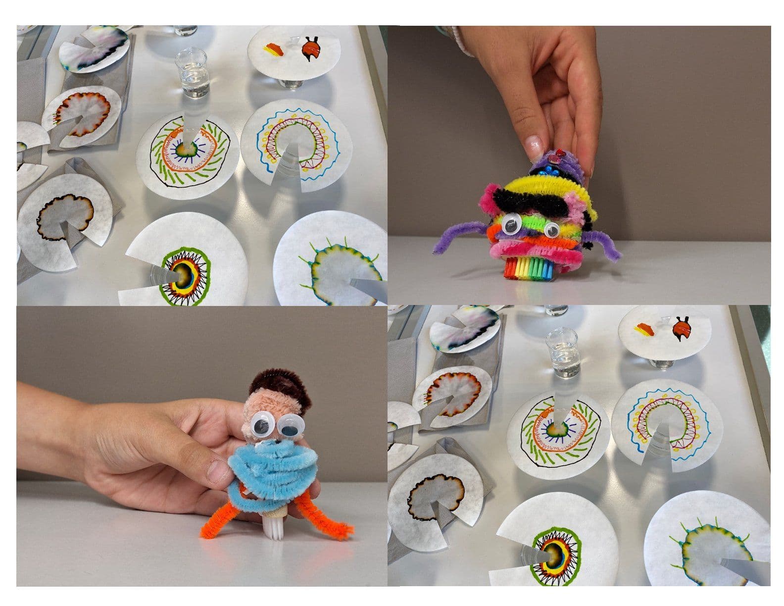 A collage of craft projects: two pipe cleaner creatures with googly eyes and several circular papers with colorful patterns, some cut in spirals.