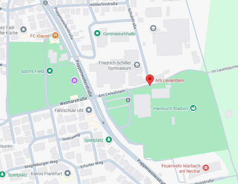 Map of a city with a red pin marking "Am Leiselstein," near Friedrich-Schiller Gymnasium and Hainbuch Stadion.