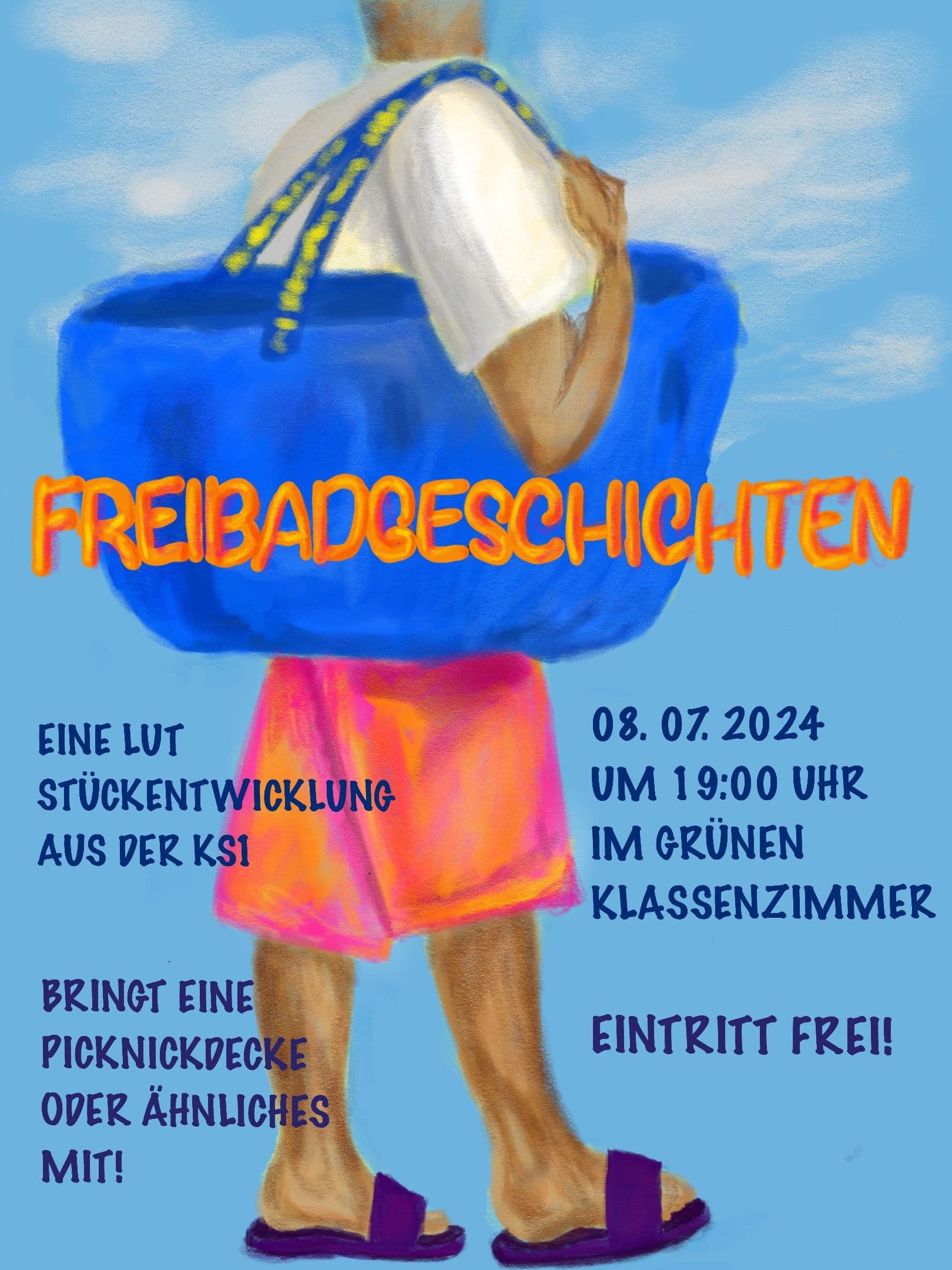 a poster for freibadgeschichten shows a man carrying a large blue bag