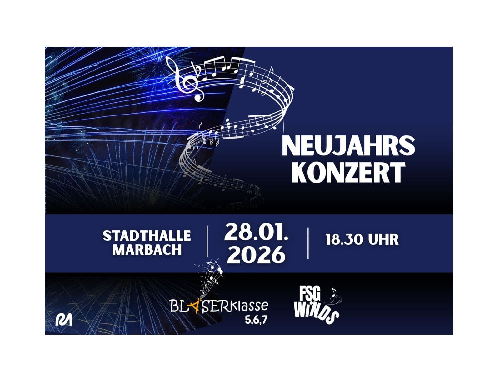 Poster for a New Year's Concert at Stadthalle Marbach on January 28, 2026, at 6:30 PM, featuring BLÄSERklasse 5,6,7 and FSG WINDS.