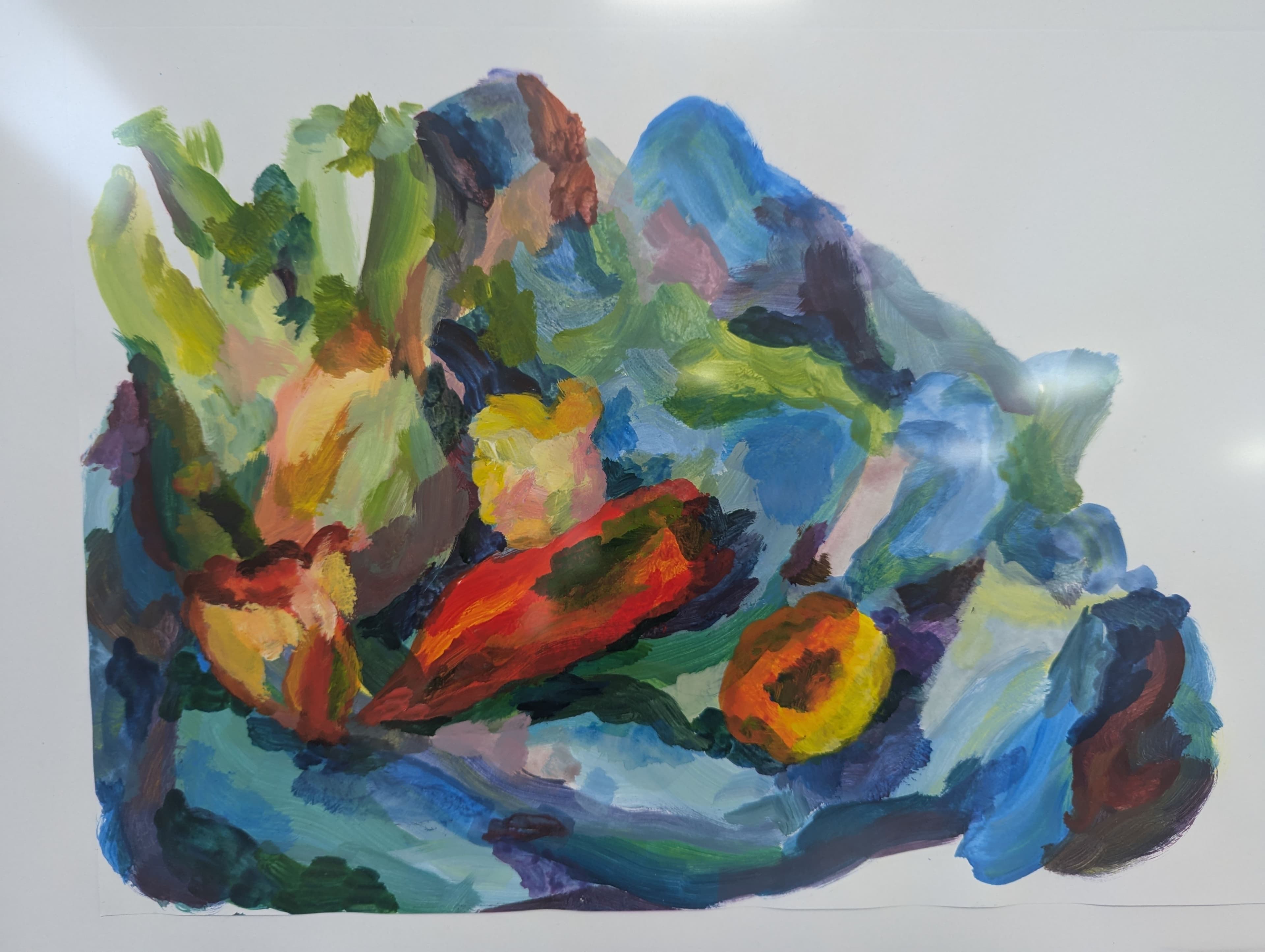 farbenfrohe und leicht abstrahierte Malerei eines gemüsestillebens