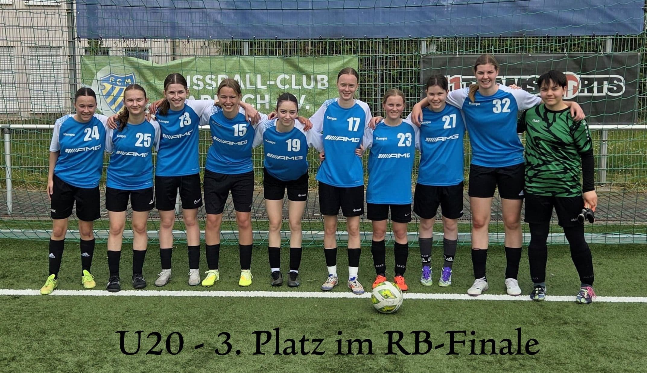 U20 girls' soccer team and coach in blue and black uniforms pose on a field with a ball, celebrating 3rd place in the RB-Final.