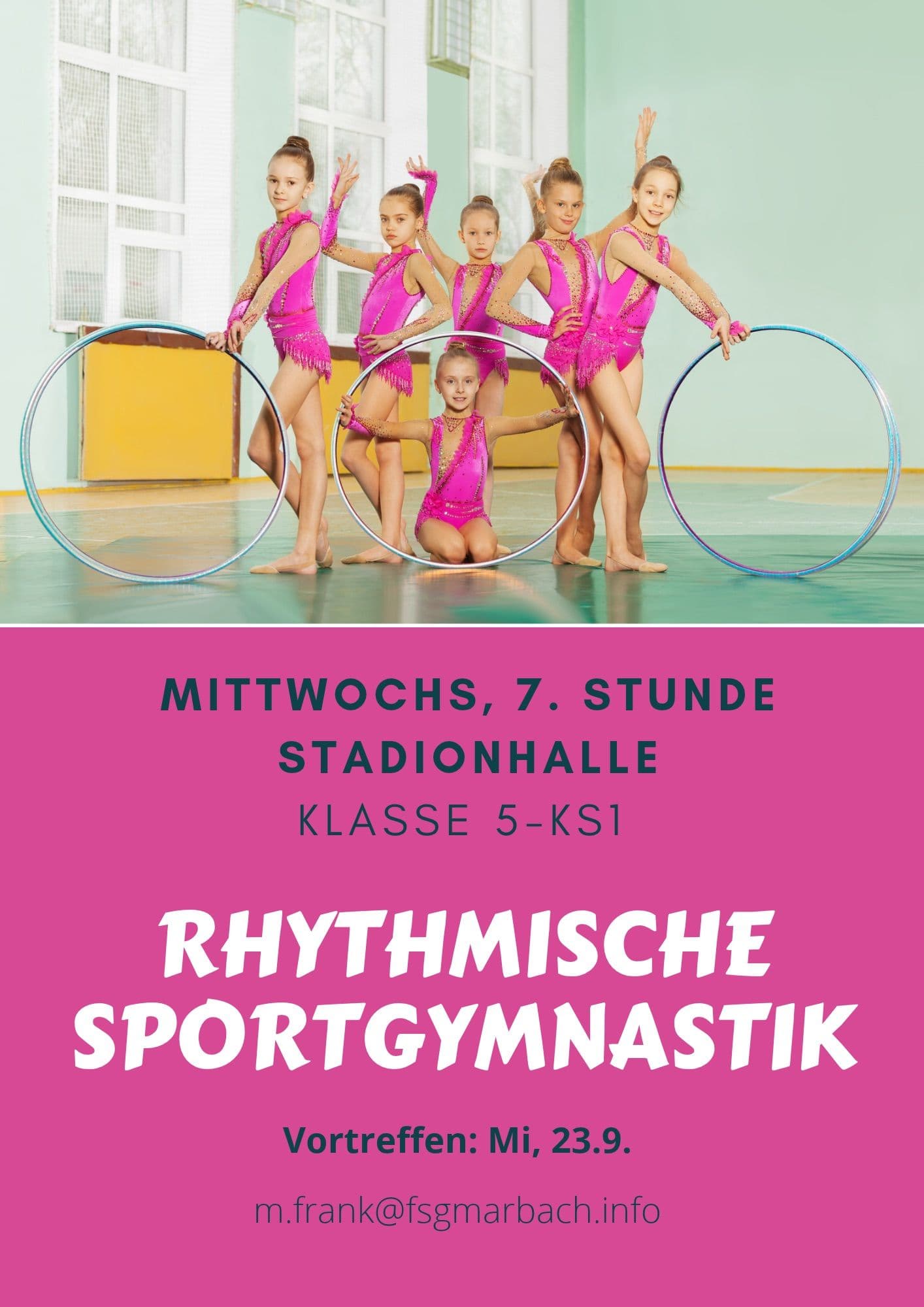 A flyer for rhythmic gymnastics featuring six young girls in pink leotards posing with hoops in a gym, with event details in German.