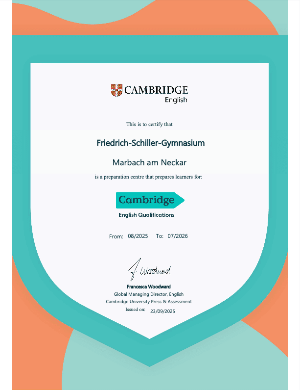 A Cambridge English certificate for Friedrich-Schiller-Gymnasium Marbach am Neckar, valid from 2025 to 2026.