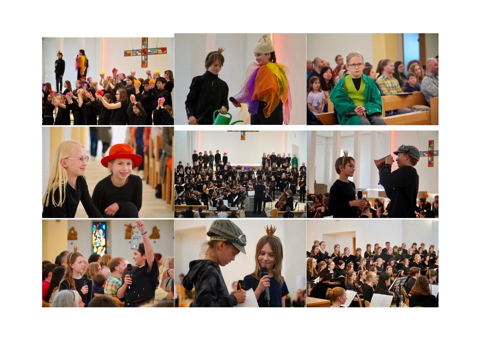 Collage of diverse scenes showing children performing a musical and play in a church.