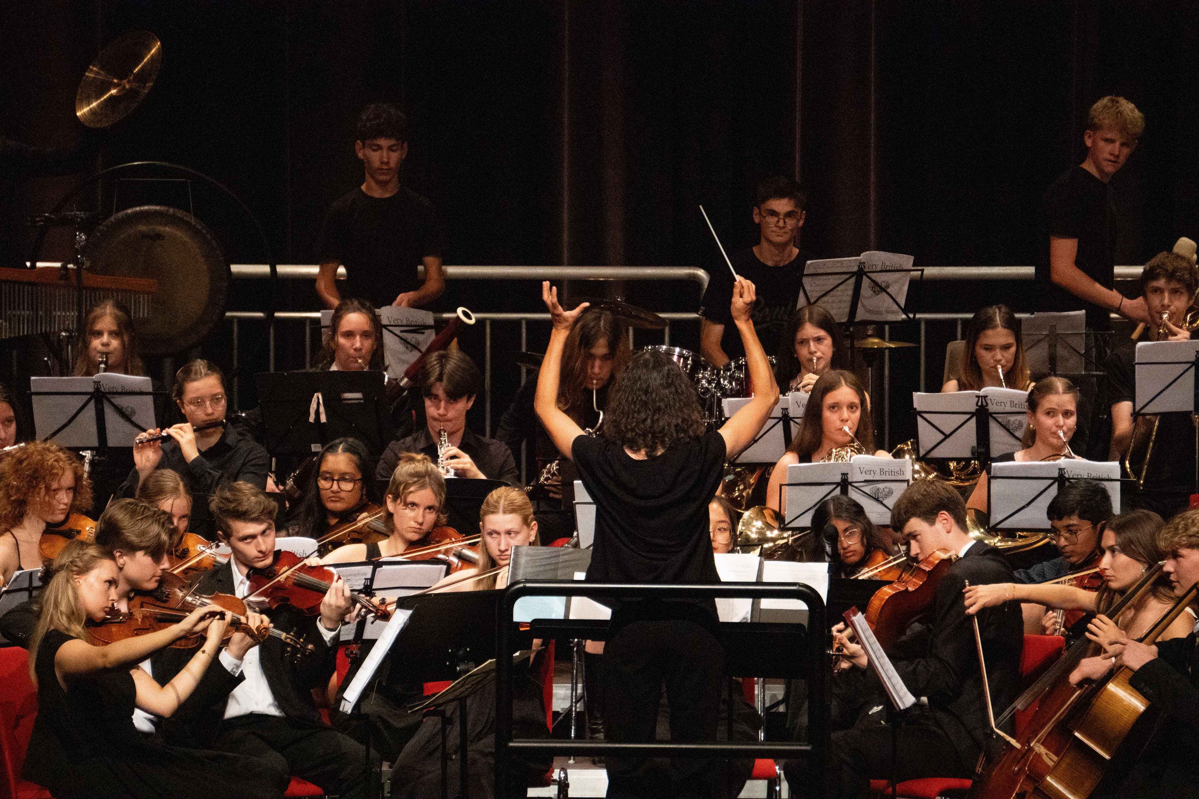 A conductor leads a youth orchestra with musicians playing violins, flutes, brass, and percussion instruments.