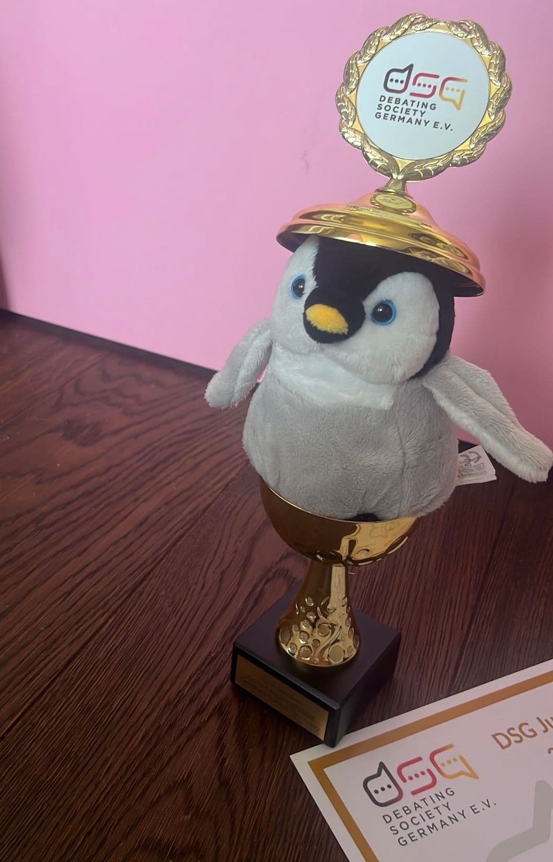 A plush penguin toy sits in a gold trophy cup with the "Debating Society Germany E.V." logo.