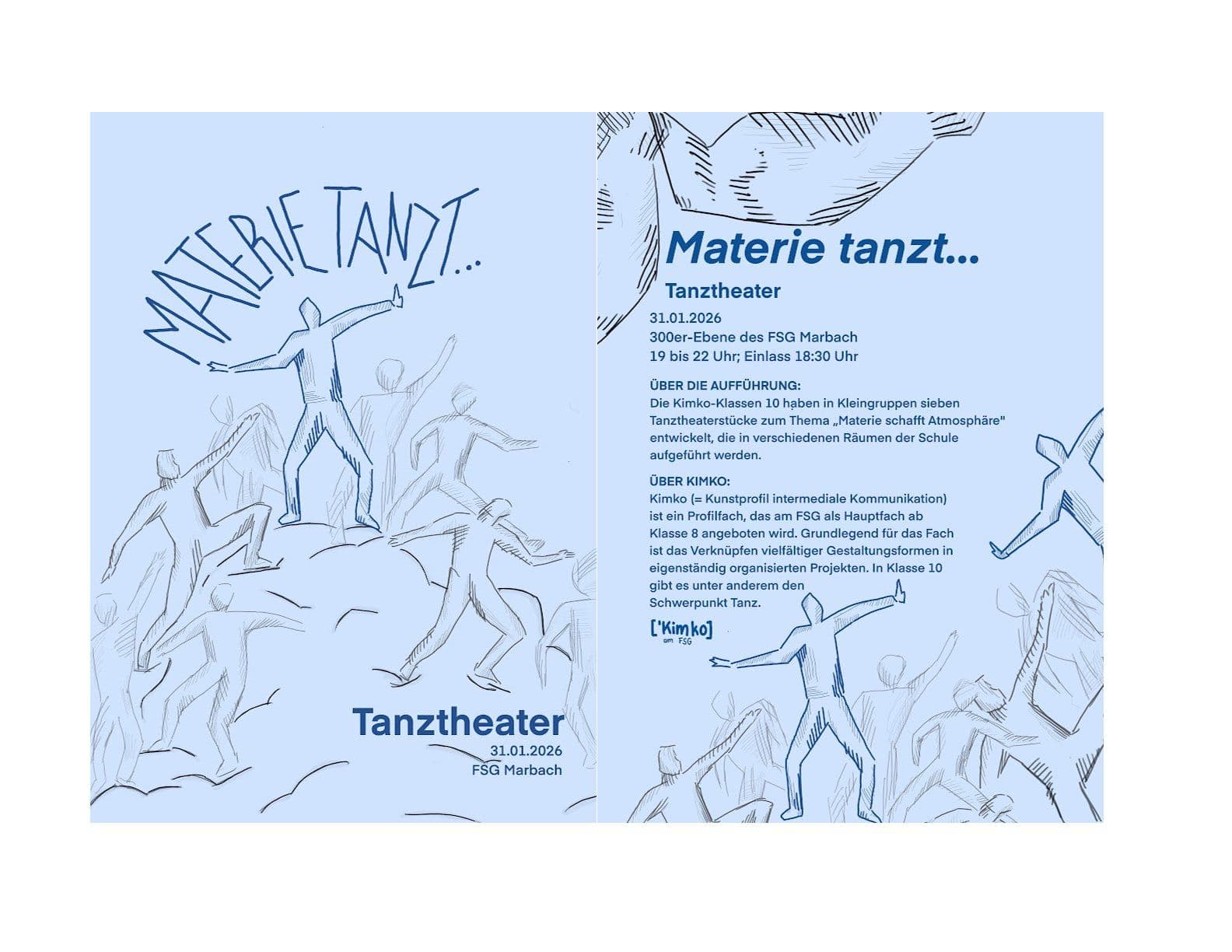 Blue poster with line art drawings of dancers and text "Materie tanzt... Tanztheater" for January 31, 2026.