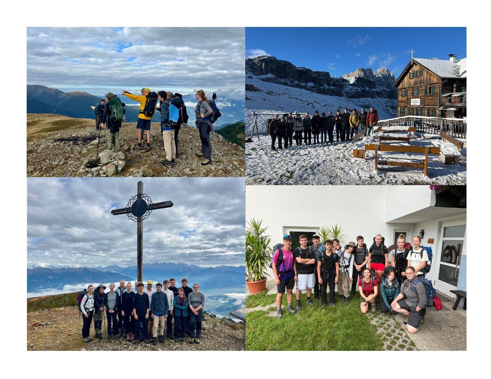 A four-photo collage showing groups of young people hiking on mountains, at a snowy lodge, and by a summit cross.