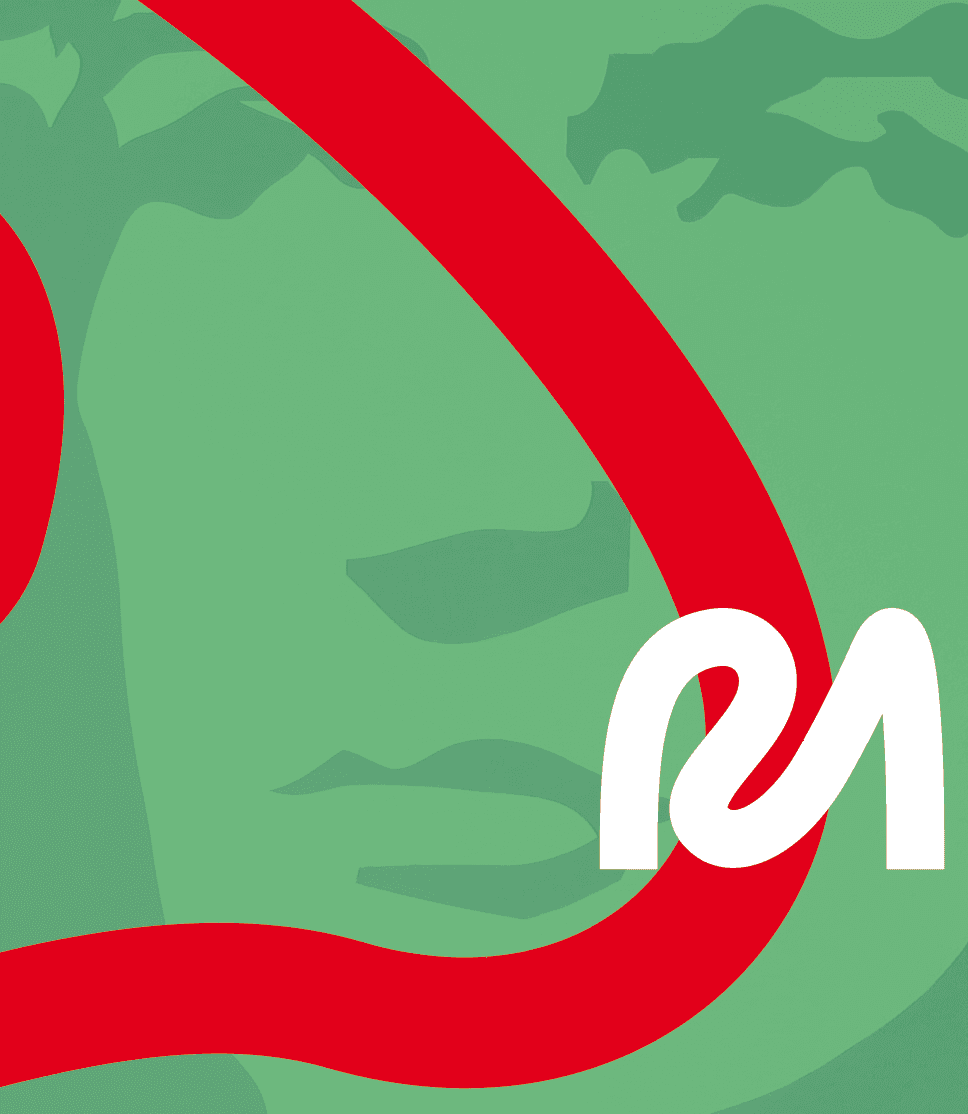 Abstract green background with a red curved line and a white stylized "rn" symbol.