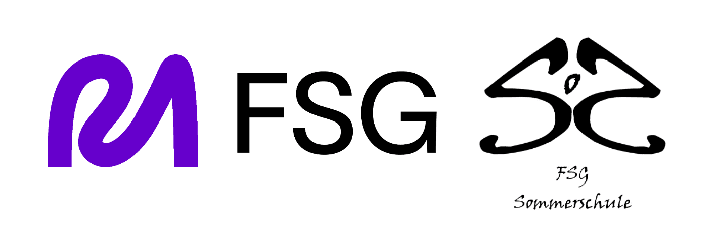 Three logos: a purple abstract symbol, the text FSG, and a stylized black SC symbol with FSG Sommerschule below it.